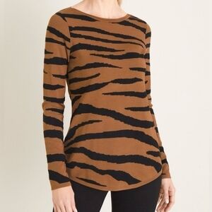 Chico's Animal Striped Crew Neck Stretch Knit Pullover Sweater Top